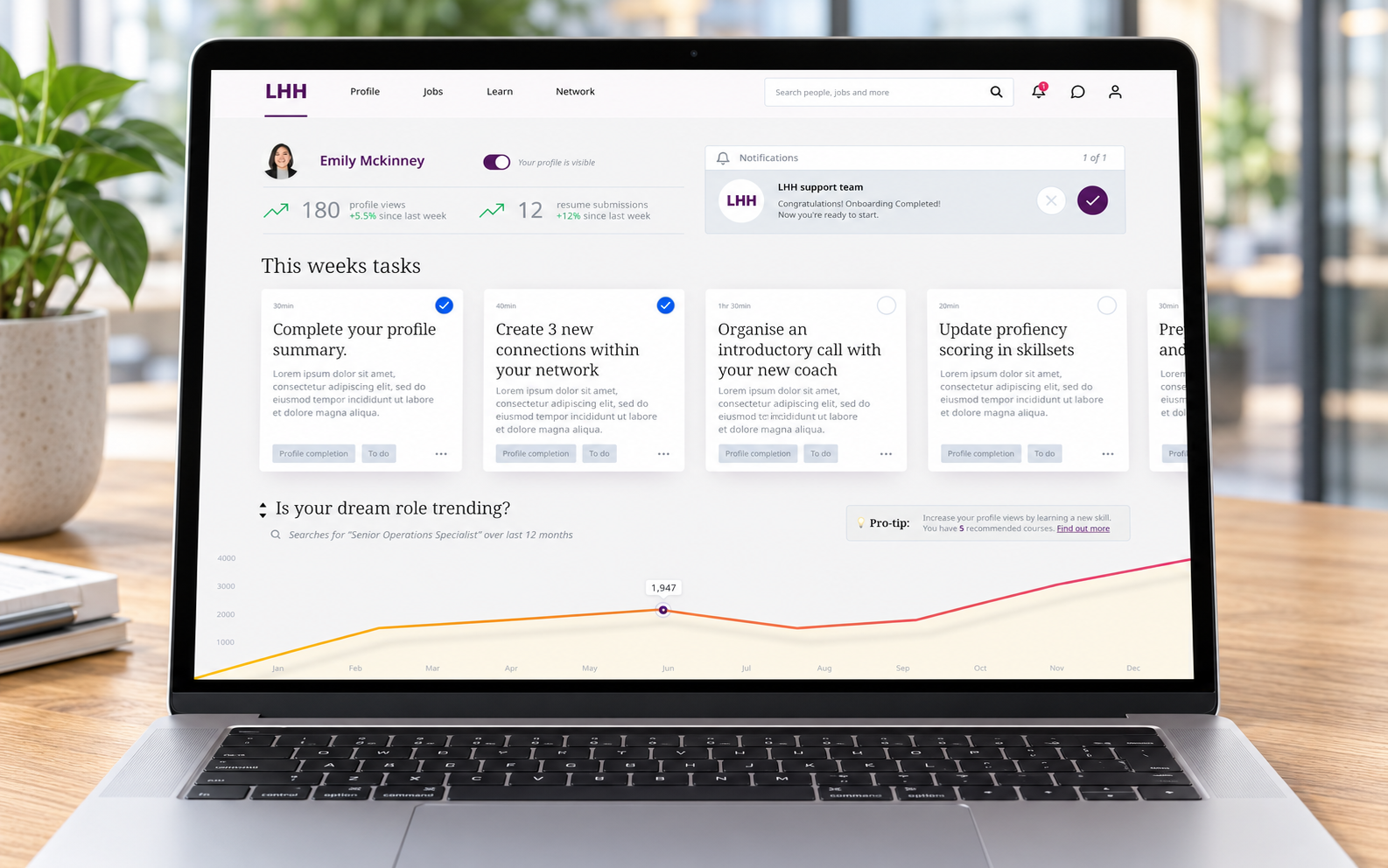 LHH Connect dashboard on a MacBook in a bright office