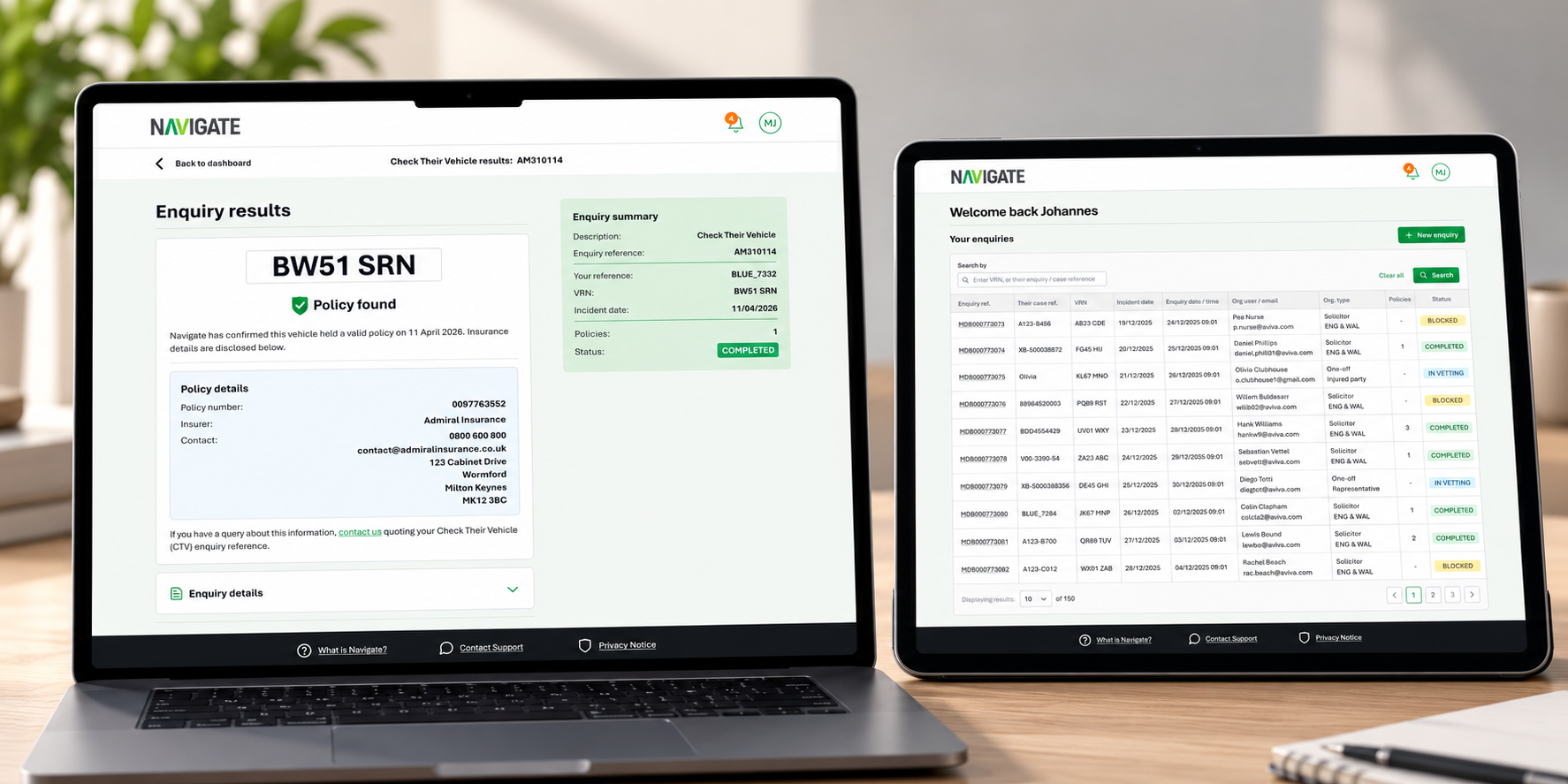 Navigate enquiry results on a laptop beside the registered-user dashboard on a tablet
