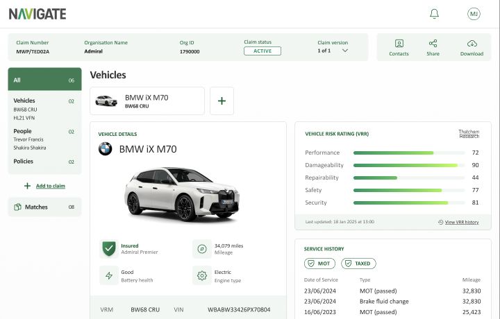Connected vehicle record with related people, policies, risk ratings and service history