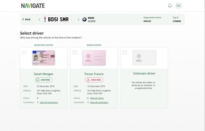 Navigate concept showing registered, named and unknown driver choices