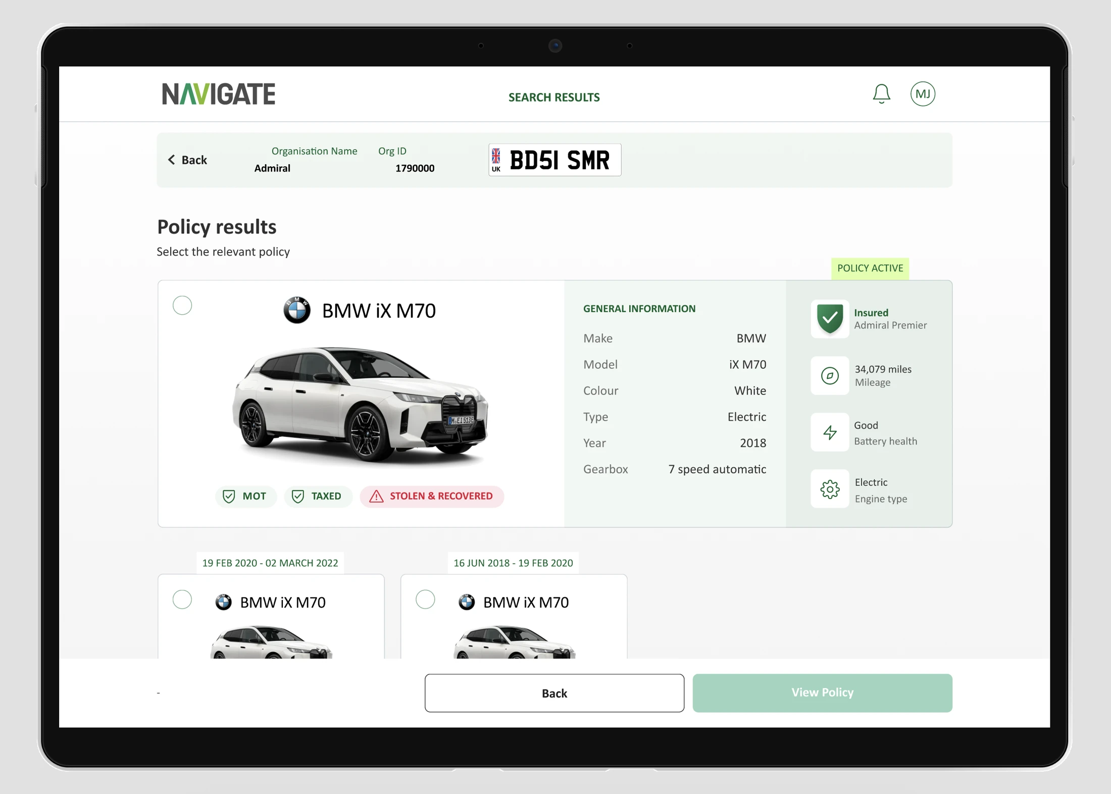Policy results combine vehicle imagery, status and key details.