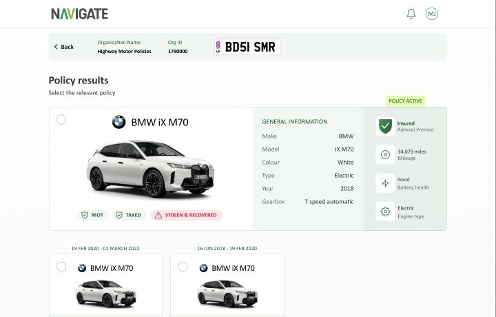 Navigate concept showing vehicle policy results and status